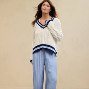 Aerie Cream and Navy V-Neck Sweater